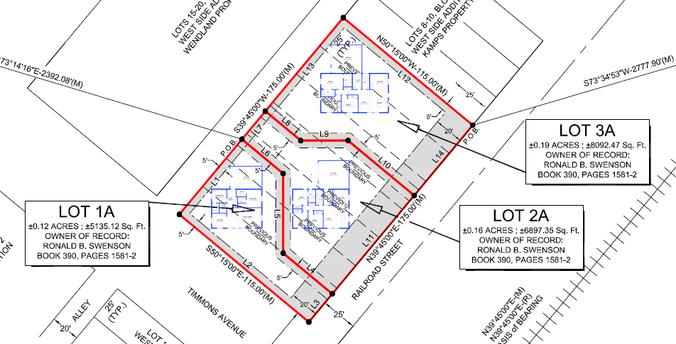 Image of the recorded plat showing lot legal layout of the lots at Railroad Street and Franklin Avenue